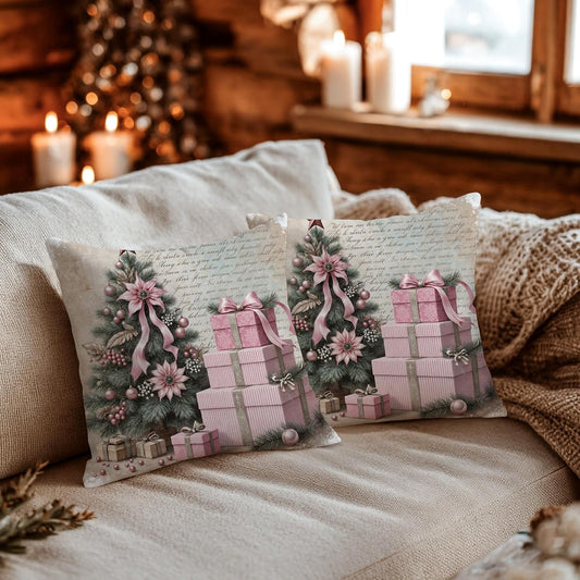 Christmas Tree Throw Pillow Covers Set of 2, Festive Vintage Presents Peach Ribbon Christmas Peach Soft Velvet Washable Pattern Pillow Covers for Living Room Bed Office Sofa Chair Decor 12x12 Inch