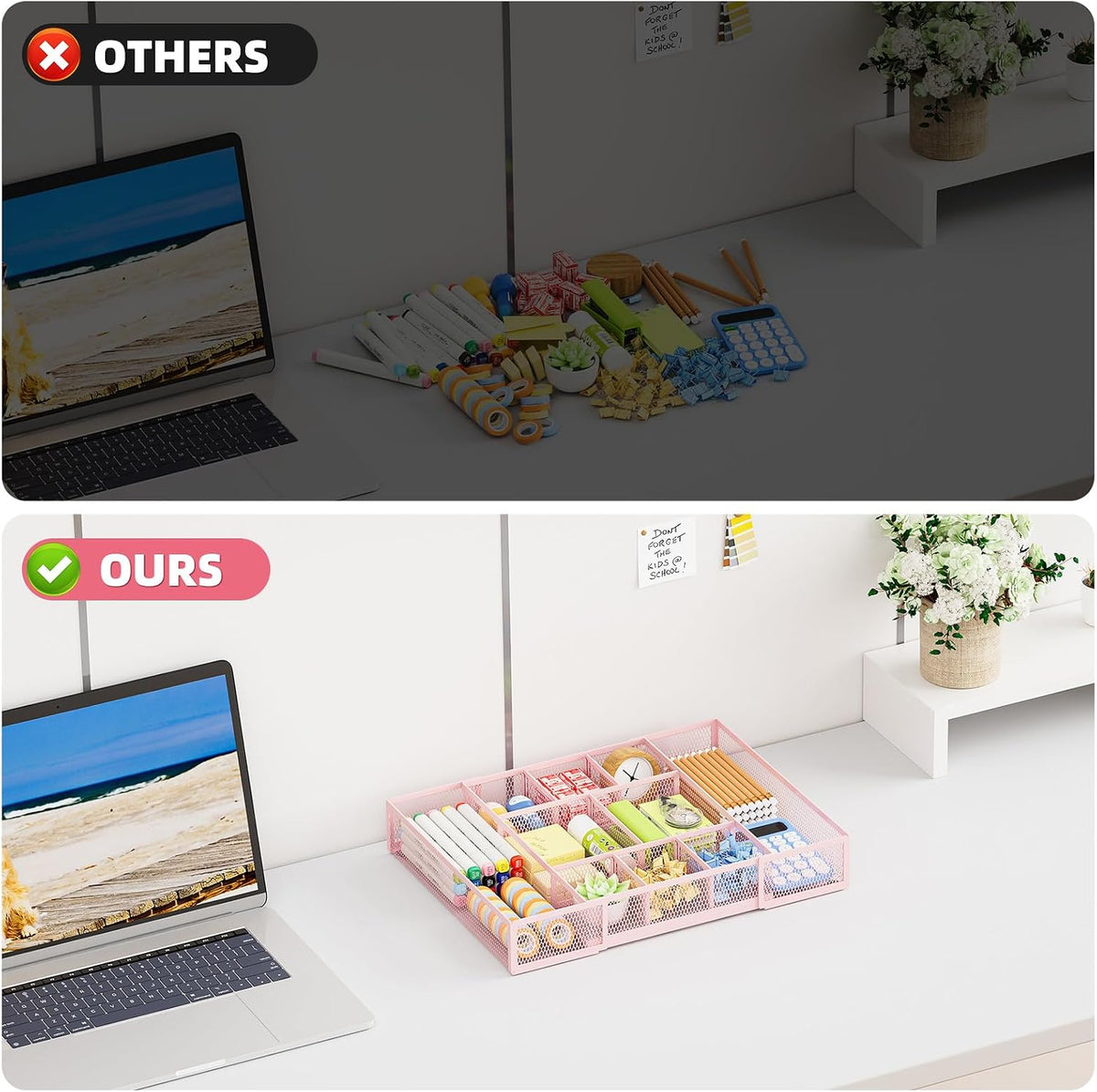 Expandable Desk Drawer Organizer, Mesh Tray with 10 Adjustable Compartments, Desk Organizers for Office Supplies, Makeup & Vanity (Expandable-Pink)