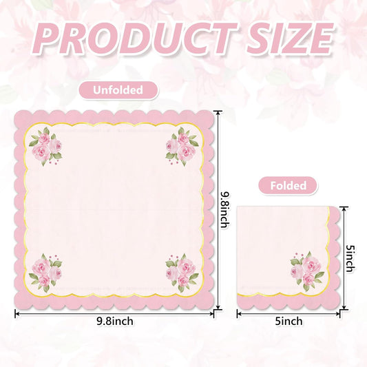 Whaline 50Pcs Pink Floral Scalloped Cocktail Napkins Disposable Napkin Gold Foil Watercolor Flower Beverage Napkin for Mother's Day Spring Birthday Wedding Tea Party Table Supplies