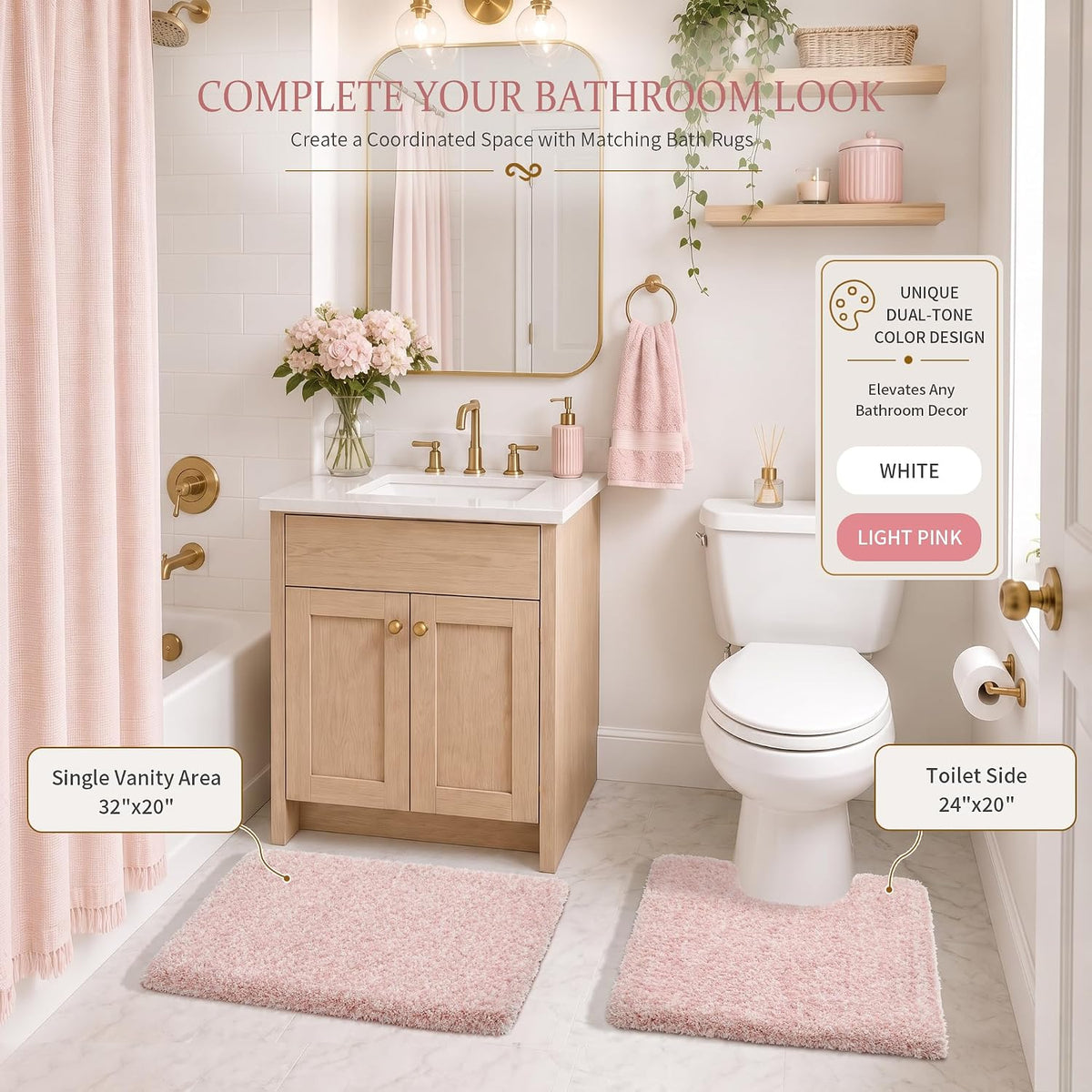 Pink&White Bathroom Rugs Non Slip Washable 32x20, Plush Bath Mat