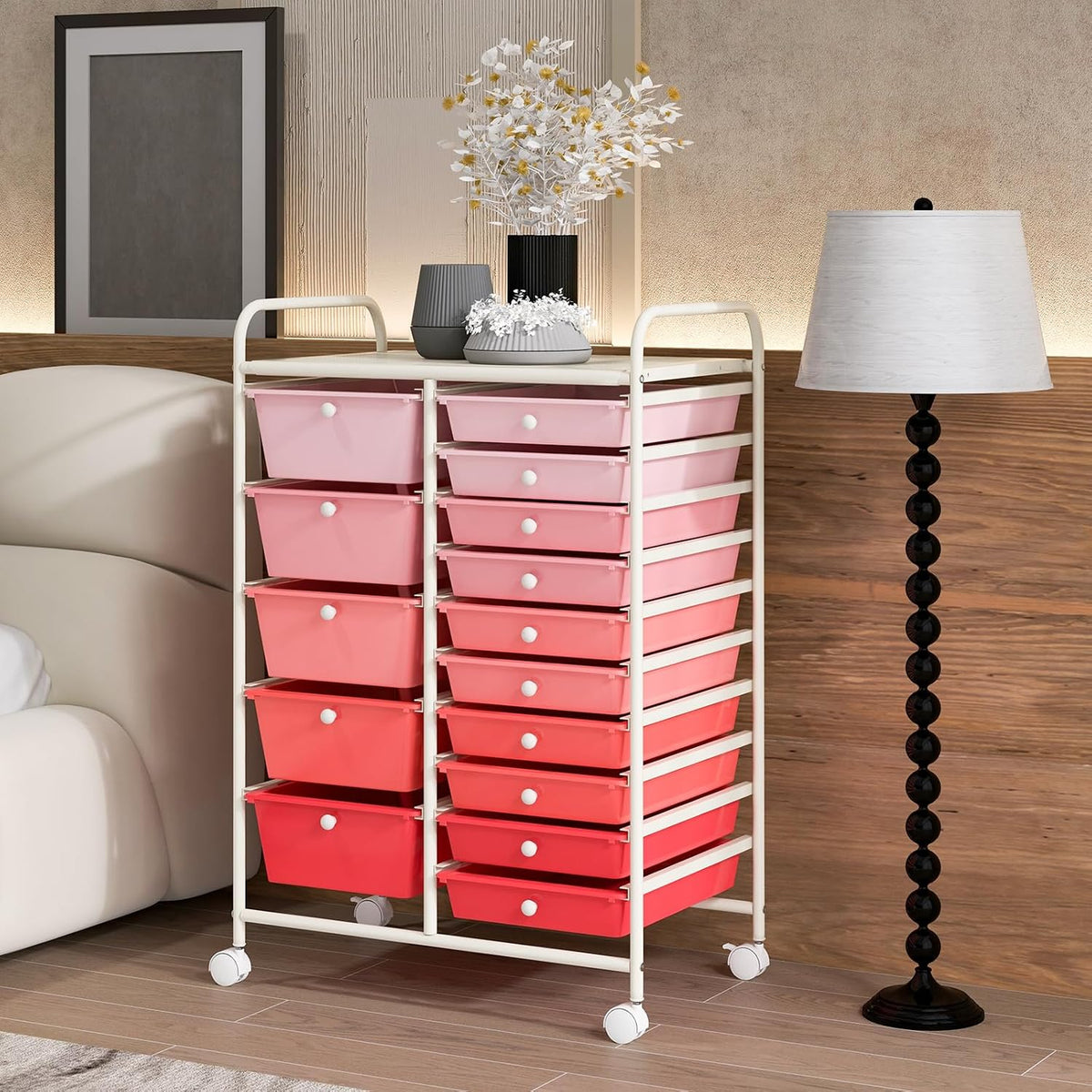 15-Drawer Storage Drawer Carts - Mobile Rolling Utility Cart w/Wheels, Craft Organizer for Classroom Organization and Storage, School, Office, Home, Storage Organizer Cart (Gradient Pink)