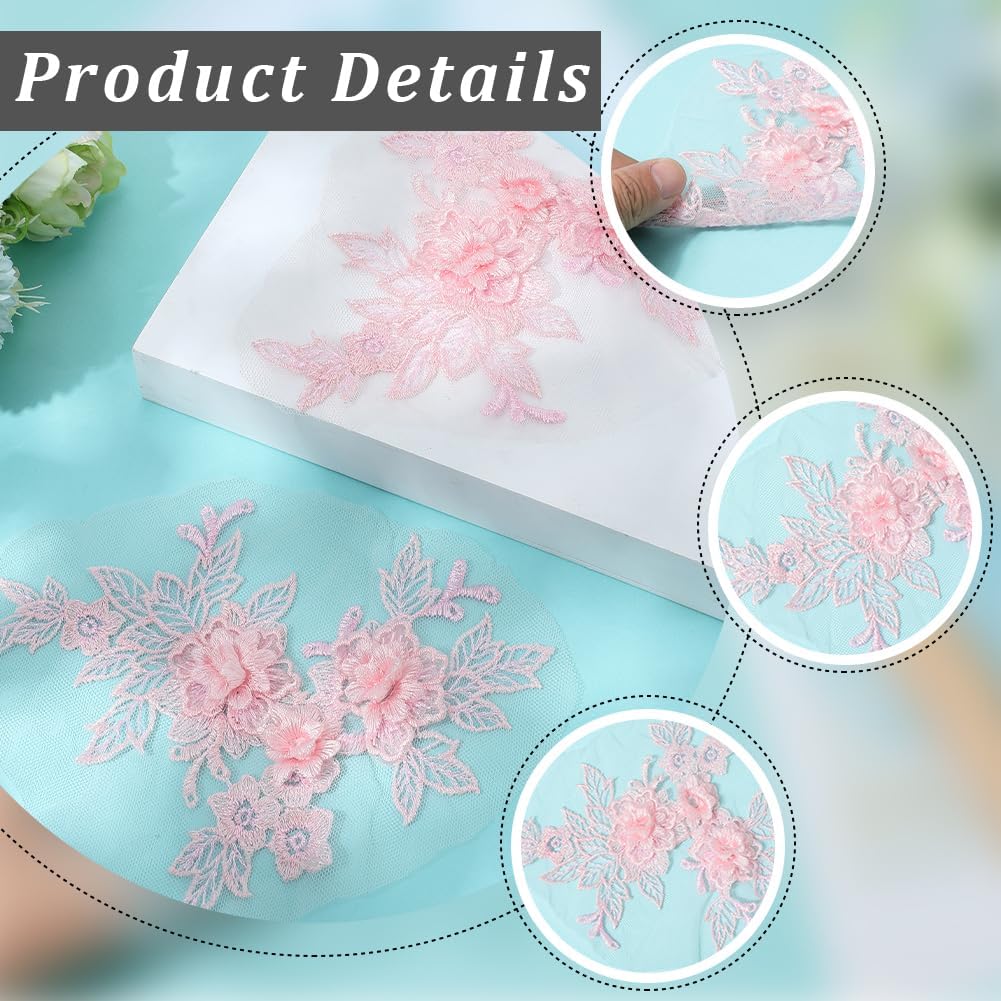 4Pcs Lace Flower Applique Pink Polyester 3D Floral Embroidery Appliques Vintage Soild Embroidered Sew on Tulle Pathes for Sewing Making Dresses Birthday Wedding Shirt Headpiece Skirts Supply