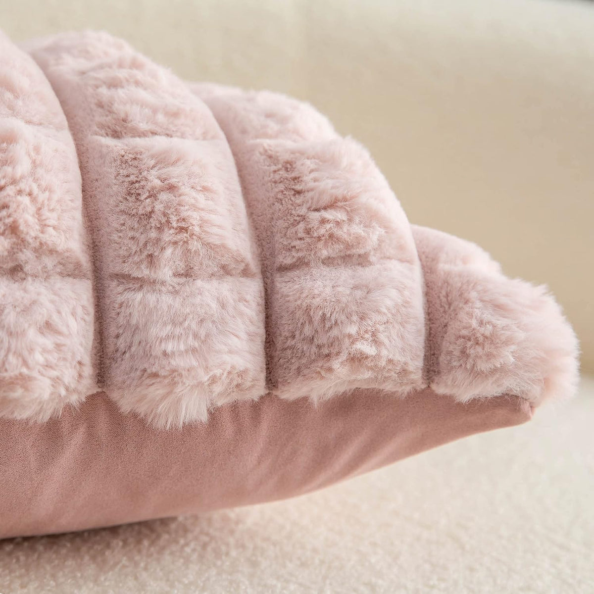 Pink Faux Fur Cozy Soft Plaid Decorative Throw Pillow Covers 16x16 inch Set of 2,Velvet Pillowcase Cushion Case for Sofa Couch