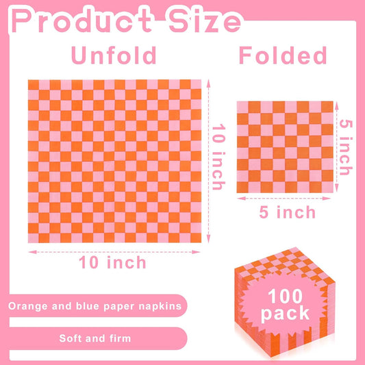 100 Pcs Plaid Paper Napkins Pink And Orange Napkins 5 * 5 Inch Light Pink Paper Checkered Napkin Disposable Beverage Napkin Pink Orange Party Favor For Birthday Wedding Baby Shower Cocktail Party
