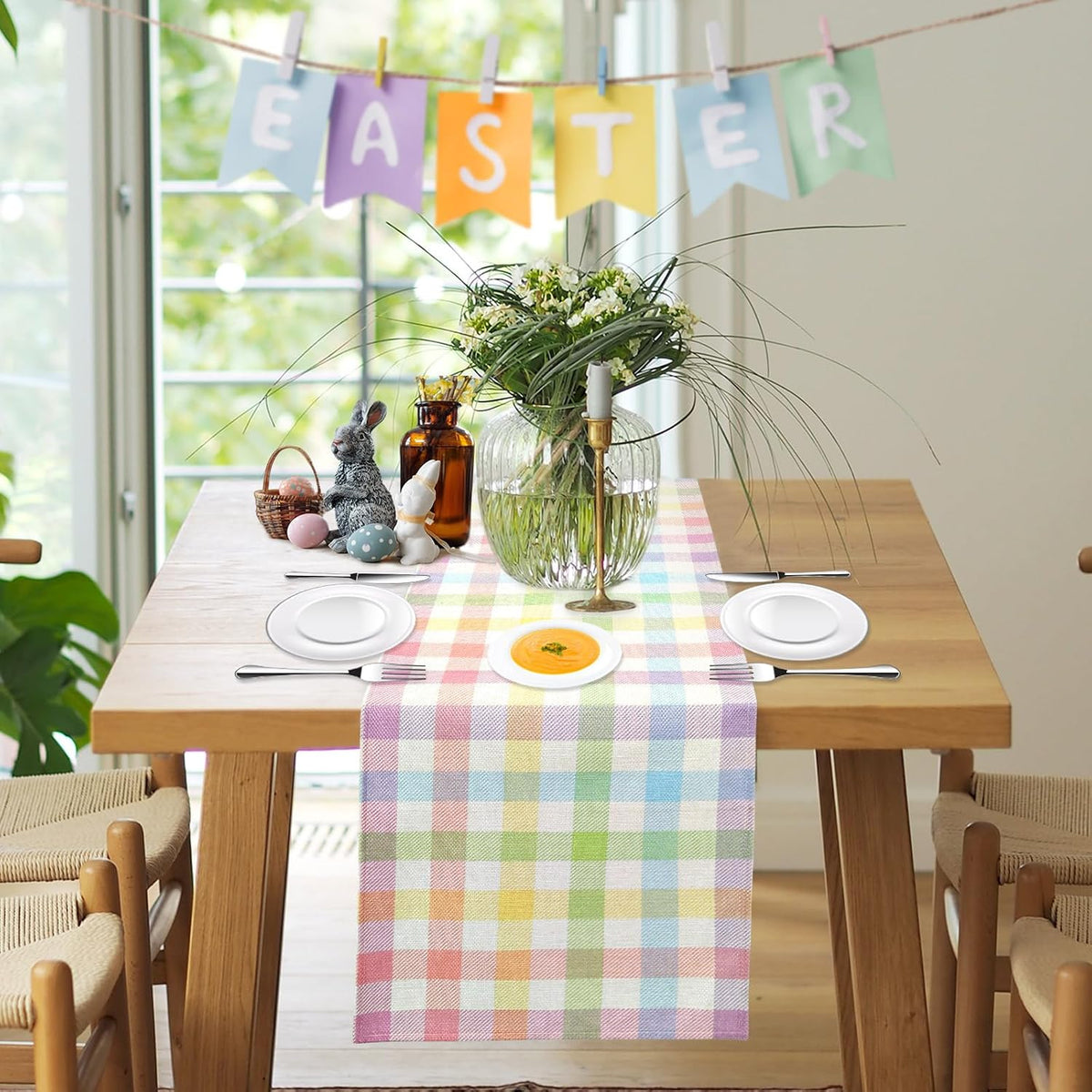 Easter Linen Buffalo Check Plaid Table Runner, Pink Blue Yellow Grid Tablecloth Spring Holiday Dining Table Decoration for Farmhouse Home Room Kitchen Table Easter Party Supplies (13 * 72 Inch)