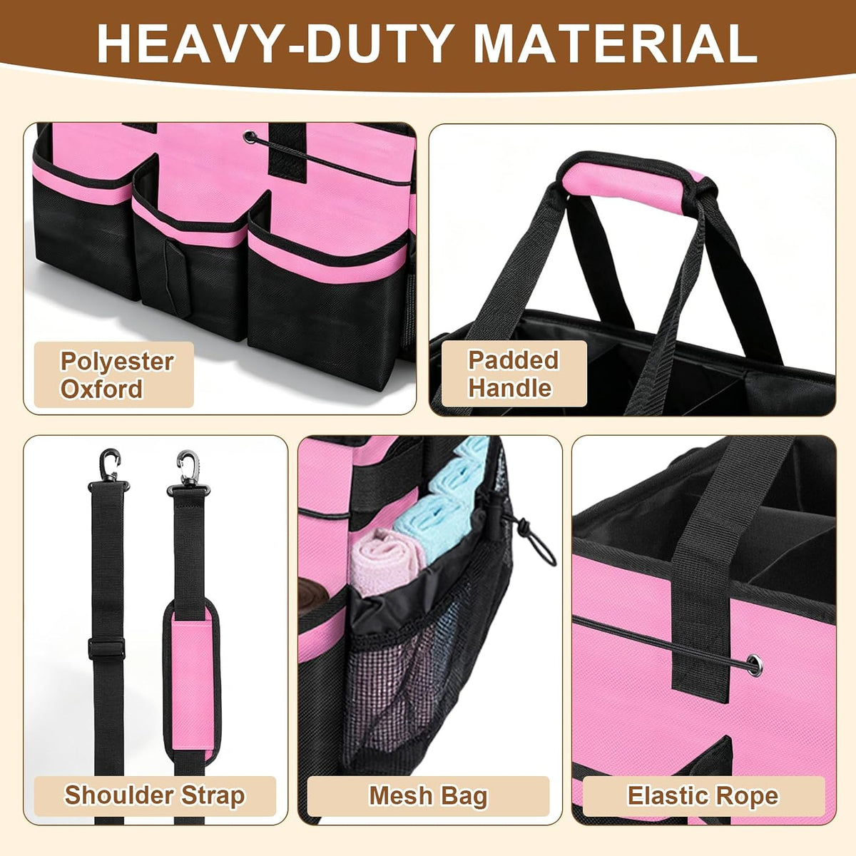 Large Cleaning Caddy Bag - 15" x 10.5" x 9" Heavy-Duty Organizer Tote for Housekeepers, Janitors & Home Cleaning Supplies with Adjustable Shoulder Strap & Multiple Pockets (Pink)