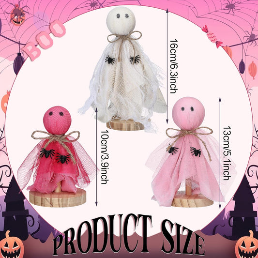 3 Pcs Primitive Halloween Decorations, Pink Ghost on Wooden Stand