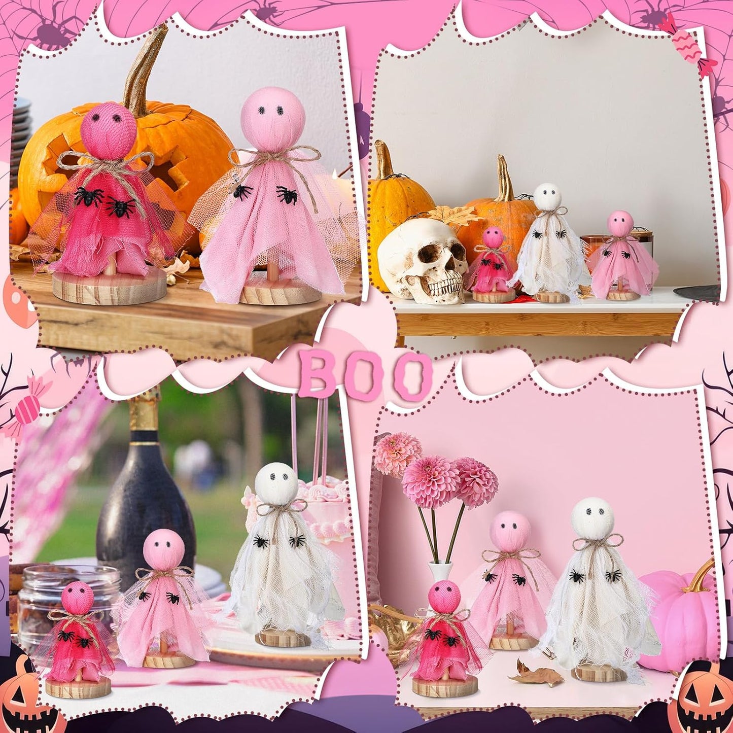 3 Pcs Primitive Halloween Decorations, Pink Ghost on Wooden Stand