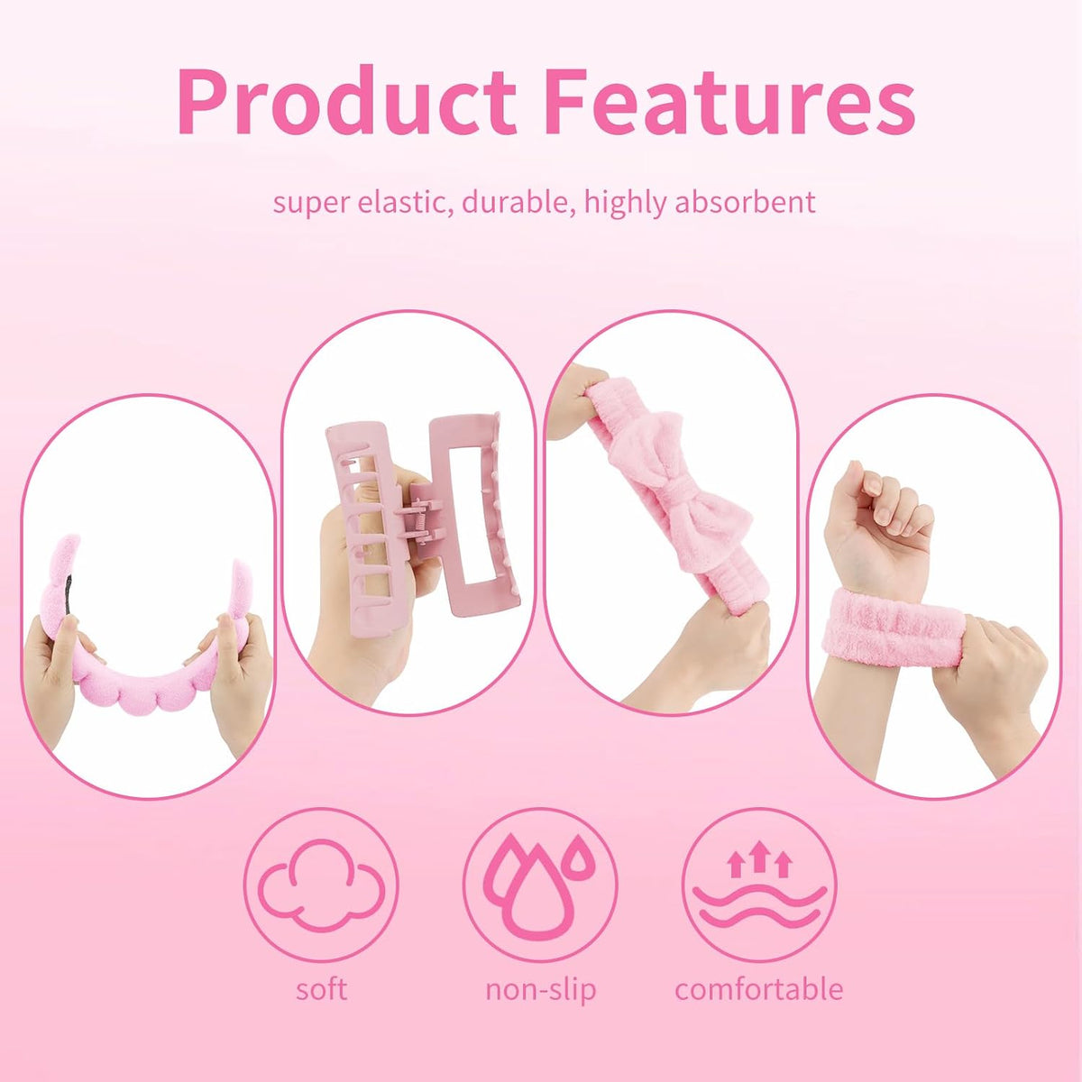Spa Headband Wrist Bands Hair Clips Set Skincare Makeup Self Skin Care for Women Washing Face Teens Teenager Tween Clean Girl Gifts Cute Trendy Stuff Things Pink Stocking Stuffers