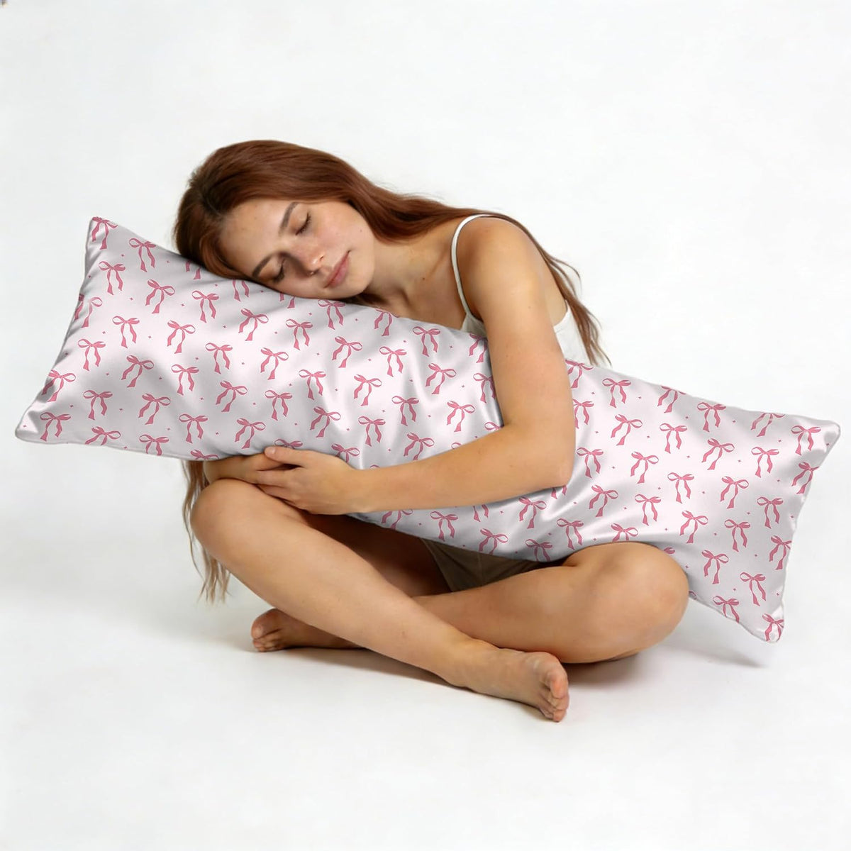 Satin Body Pillowcase Pink Bow Imitation Silk Pillow Cover with Hidden Zipper,Comfortable Lightweight Breathable for Hair and Skin,20x54 Inch