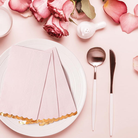 Pink Gold Foil Scalloped Edge Dinner Napkins 50 Pack - Elegant Disposable Guest Napkins for Wedding, Bridal Shower, Baby Shower, Birthday & Valentine's Day (4 x 8 Inches)