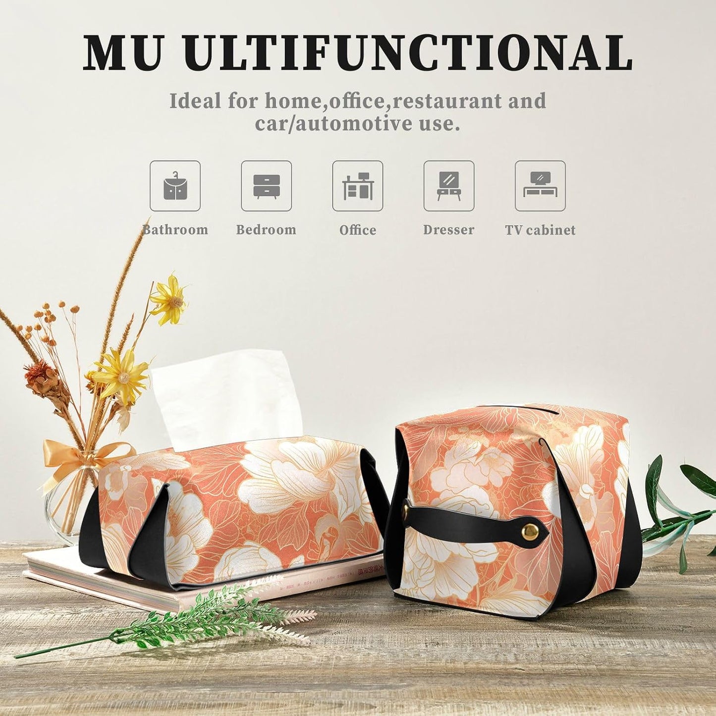 Leather tissue box holder Hanging napkin holder for car with Adjustable straps & zipper Reusable auto accessories Chinese Style Floral Peach Gold