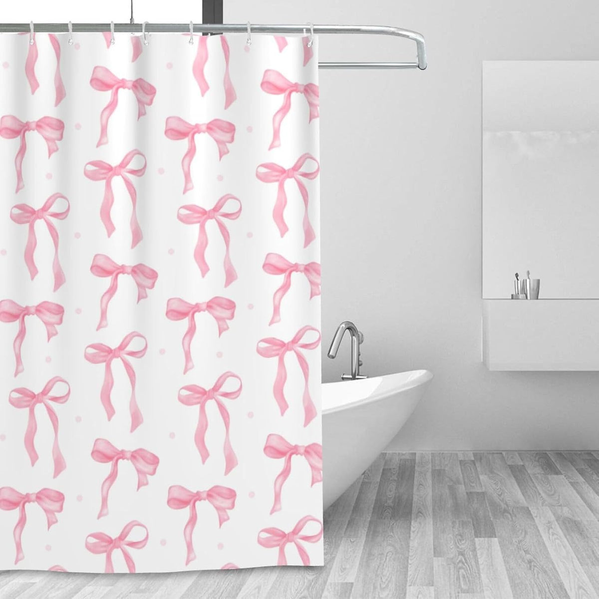 Cute Shower Curtain Pink Bow Fabric Shower Curtains for Bathroom Modern Aesthetic Cloth Shower Curtain Set with Hooks 72x72 Inch, Pink Bow