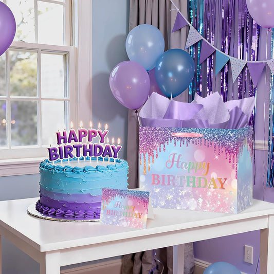 Ombre Birthday Gift Bag for Women Girls Large Pink Purple Blue Glitter Happy Birthday Bag with Wrapping Tissue Paper and Card for Mermaid Unicorn Rainbow Bday Party Supplies Present