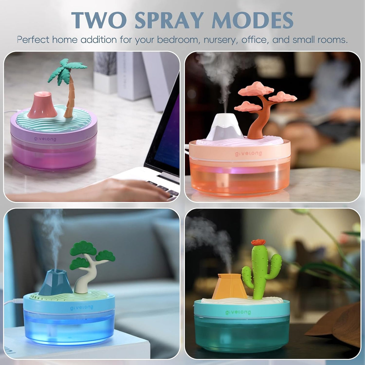 Mini Humidifier Bedroom Quiet Air Humidifier with Landscape Decoration for Nursery Office Small Room and Plant - Night Lights, Auto Shut-off, Two Spray Modes (Pink cherry tree)