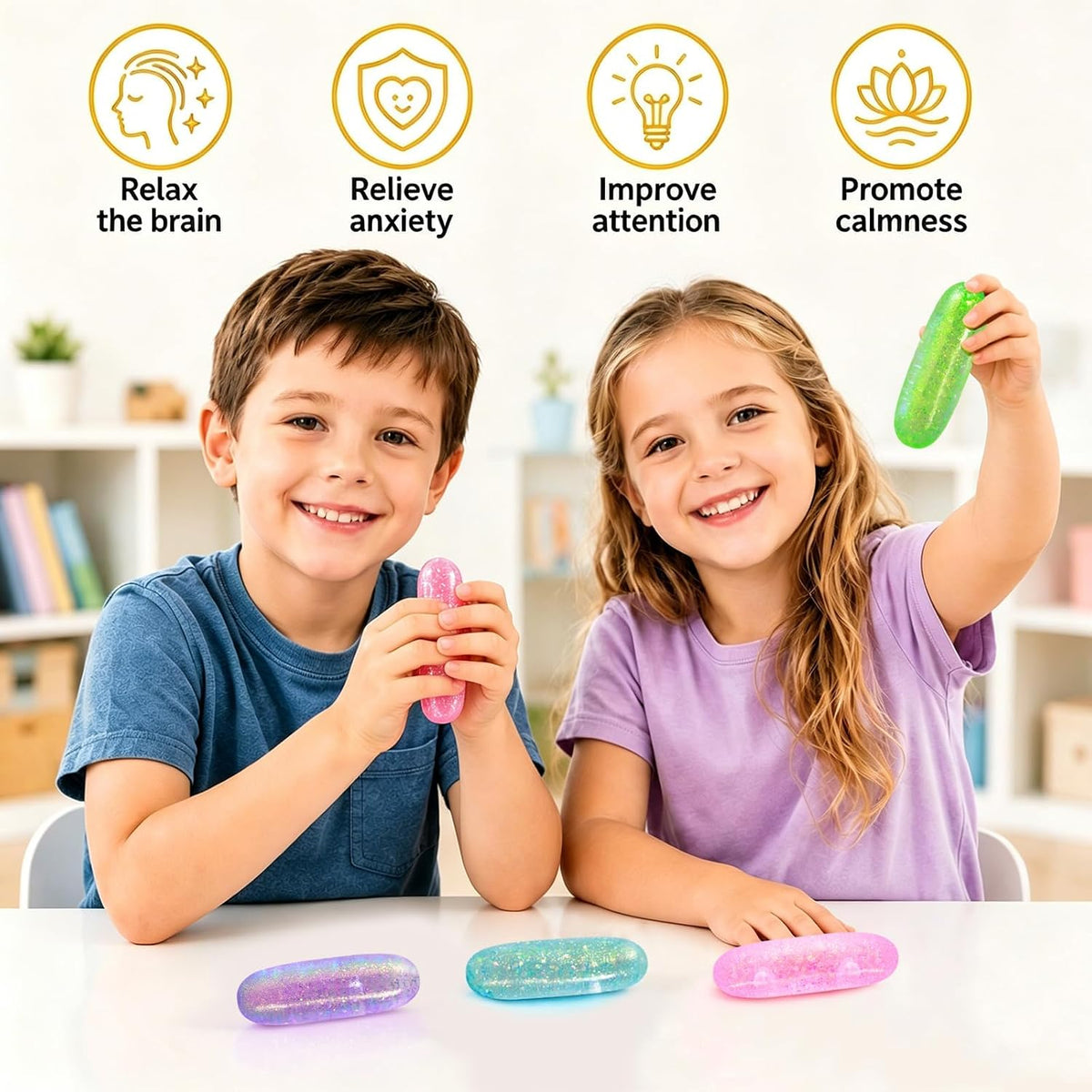 Pink Squishy Stress Capsule, Glitter Sensory Fidget Toy for Kids & Adults