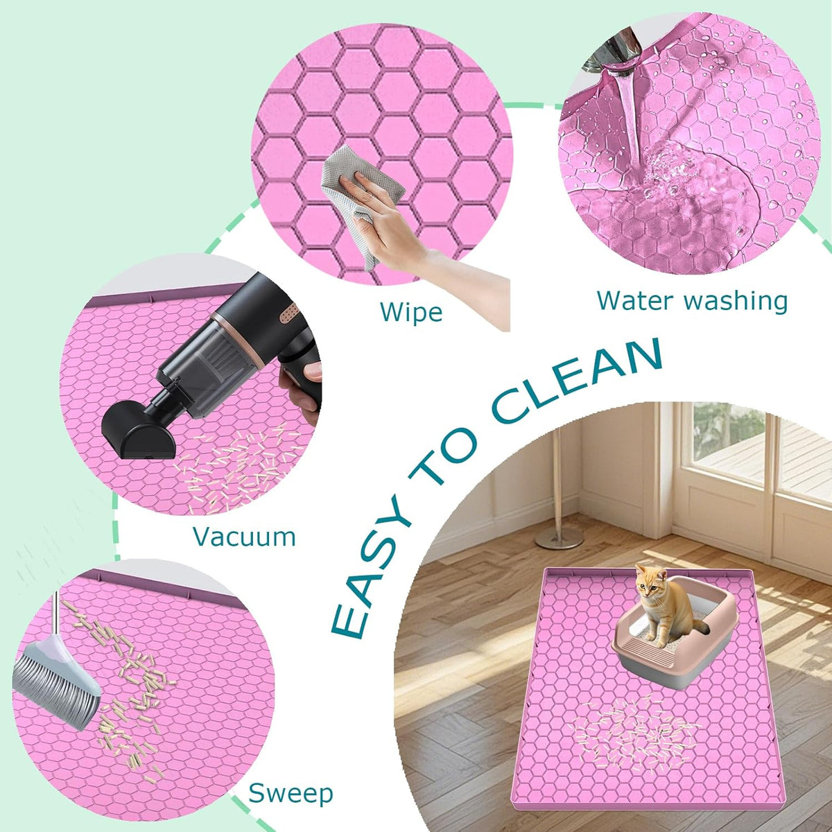 Cat Litter Mat for Litter Box, Silicone Large Cat Litter Trapping Mat - 25x19 in, Waterproof & Non-Slip, Durable & Easy Clean, Pink