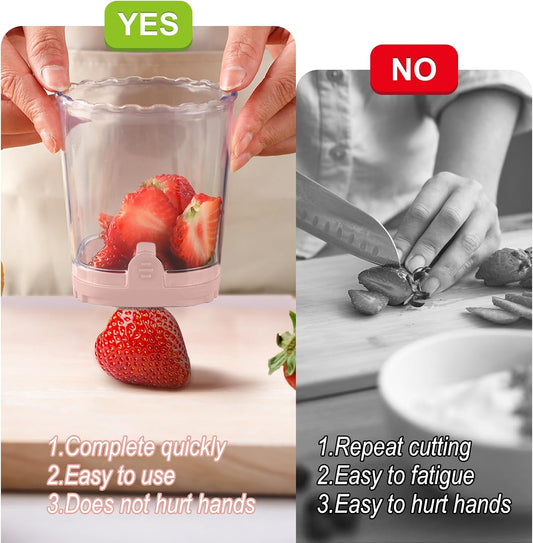 Fruit Slicer Cup - Stainless Steel Strawberry Slicer with Push Plate, Detachable Egg Banana Grape Cutter, Dishwasher Safe Multifunctional Kitchen Gadget for Fruit Salad Cake (Pink)
