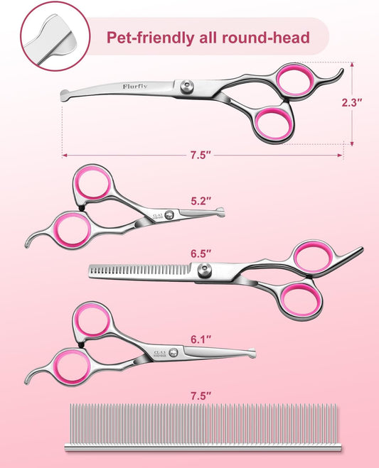 Furry Professional Pet Grooming Scissors with Safety Round Heads - 6 in 1 Curved Scissors for Dogs and Cats