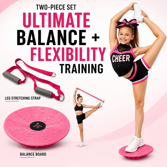 Cheer Flyer Stunt Trainer Balance Board & Leg Stretching Strap 2 Pc Set