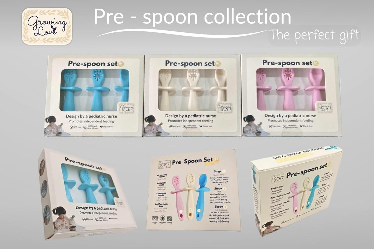 Baby Spoons Set, Self Feeding 6 months, Pre-Spoon, Baby utensils, Toddler spoon, training spoon, cuchara bebe, blw, 100% silicone, Anti choke shield (pink)