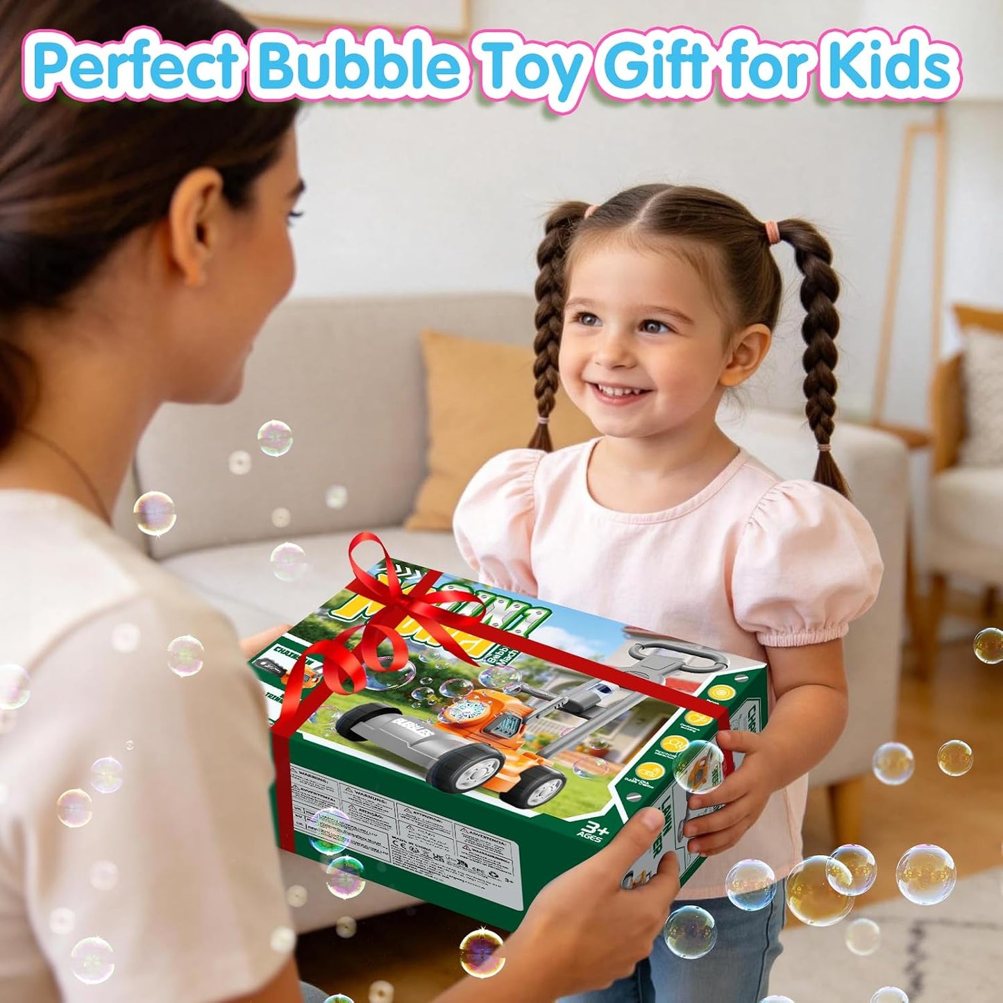 Bubble Lawn Mower for Kids,3-in-1 Bubble Machine Blower Toy Ages 3-8 Pink