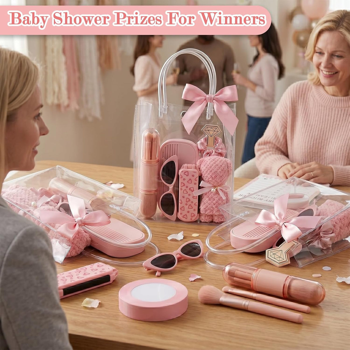 6 Sets Baby Shower Prizes for Game Winners Baby Shower Favors Gifts Including Nail Clippers Sunglasses Makeup Brushes Folding Combs Towels Hair Ties Ribbons Gift Bags