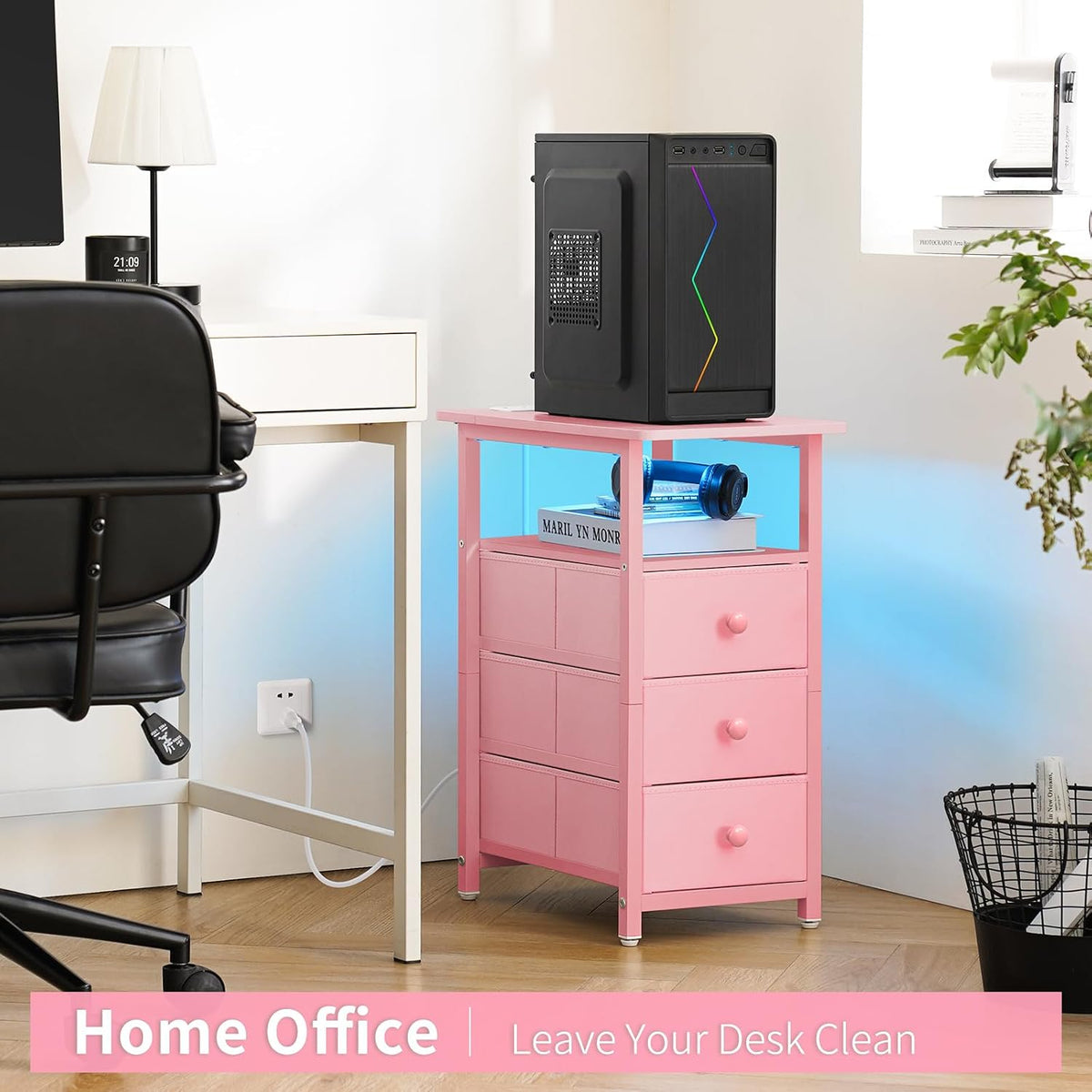 End Table with Charging Station, Pink Narrow Nightstand LED Bedside Table, Small Night Stand End Tables Living Room, Skinny Nightstand with 3 Fabric Drawers, Side Table for Small Spaces