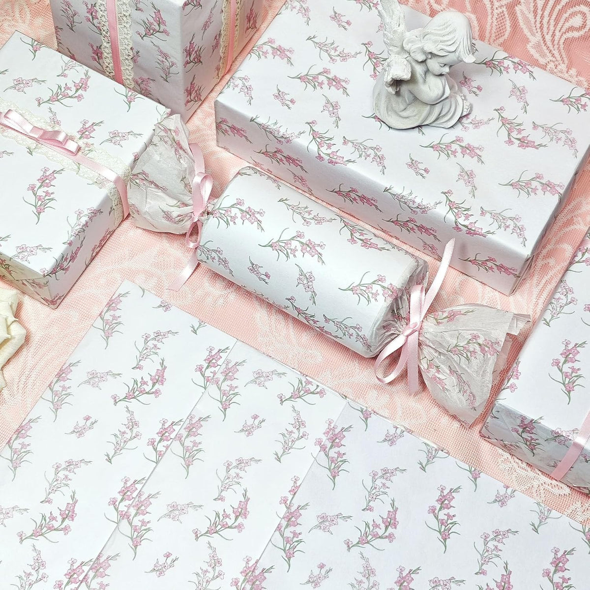 Floral Tissue Paper, White with Pink Gladiolus Flowers Pattern- 30 Sheets, 20x14 In, Gift Wrapping Tissue Paper for Gift Bags, Bouquet Packaging for Wedding Baby Shower DIY Crafts Birthday Party Decor