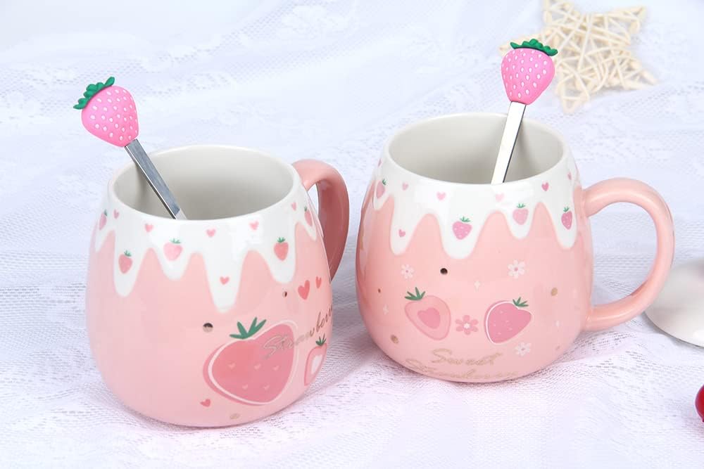 Pink Mug, Cute Strawberry Cup with Cover Spoon, Ceramic Cute Coffee Mugs with strainer, Kawaii Cup for Tea Milk, Gift for Women Girls Student Korean Style 450ML Christmas Birthday