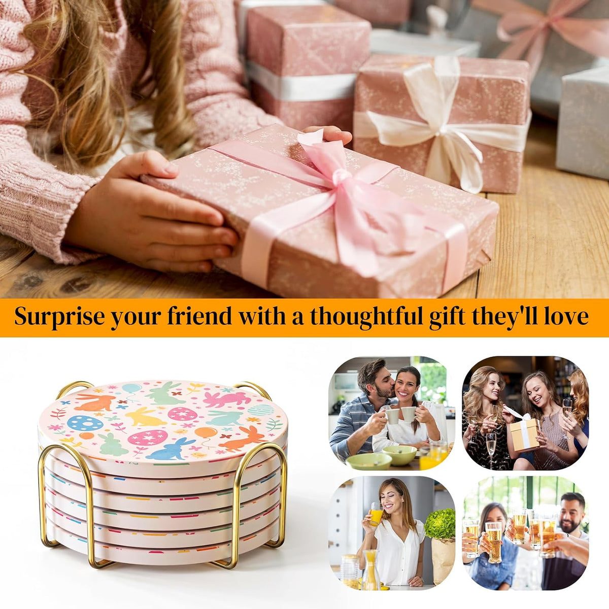 Pink Ceramic Coasters Set of 6 with Metal Holder - Absorbent Stone Coasters, Cute Floral Bunny Decorative Cup Mats for Coffee Table, Non-Slip Cork Base, Housewarming Kitchen Decor Gift