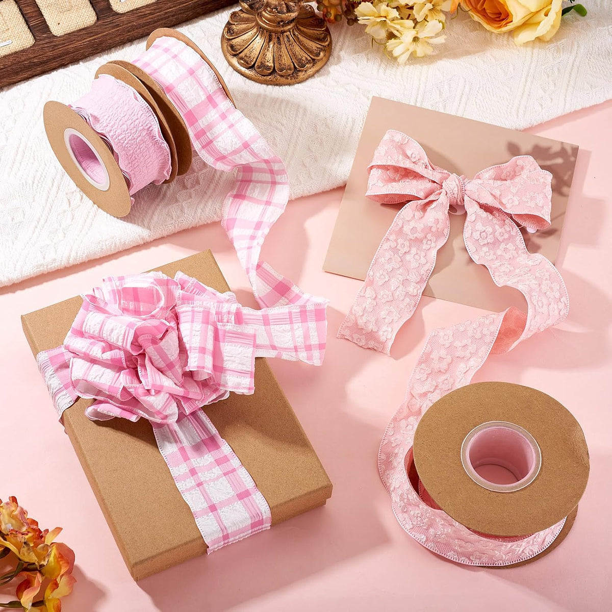 3 Rolls Floral Ruffled Ribbons 1-5/8 Pink Plaid Checkered Ribbon Rustic Farmhouse Pastel Polyester Gingham Plated Trim for Big Bow Wedding Gift Wrapping Flower Bouquets Wreath Party Decor 29.52 Yards