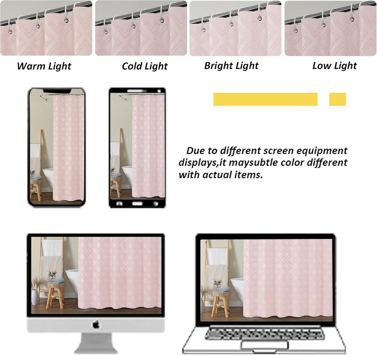 Blush Shower Curtain Set, Jacquard Geometric Textured Fabric Boho Shower Curtain for Bathroom, Soft Hotel Style Farmhouse Shower Curtains Grommet Top 12 Hooks, Machine Washable, 72x72, Blush