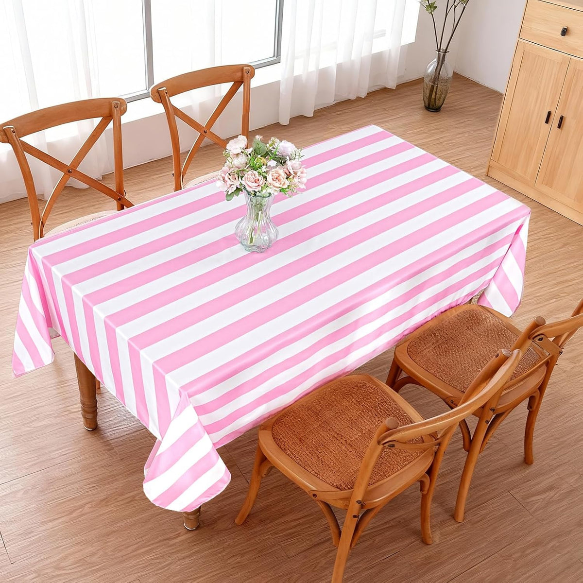 Pink and White Striped Rectangle Tablecloth 57x84 Inch Girls Party Decor