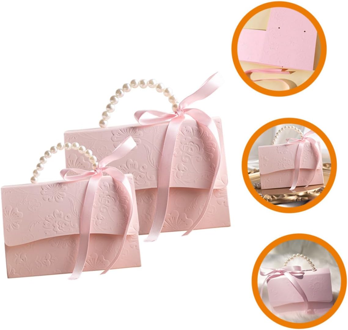 PACKOVE Boxes Set 2 Pieces Pink Floral Sweet Wrapping Boxes Small and Medium Paper Present Wrappers with Pearl Chain for Wedding Party Favor Packaging and Decoration