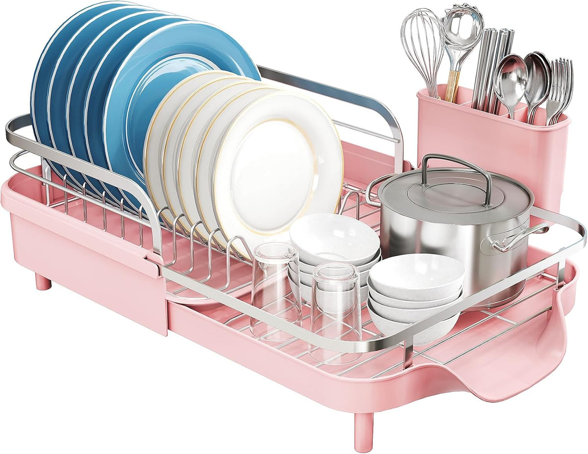 Expandable Dish Drying Rack for Kitchen Counter, 15.2-22.1 in, Pink