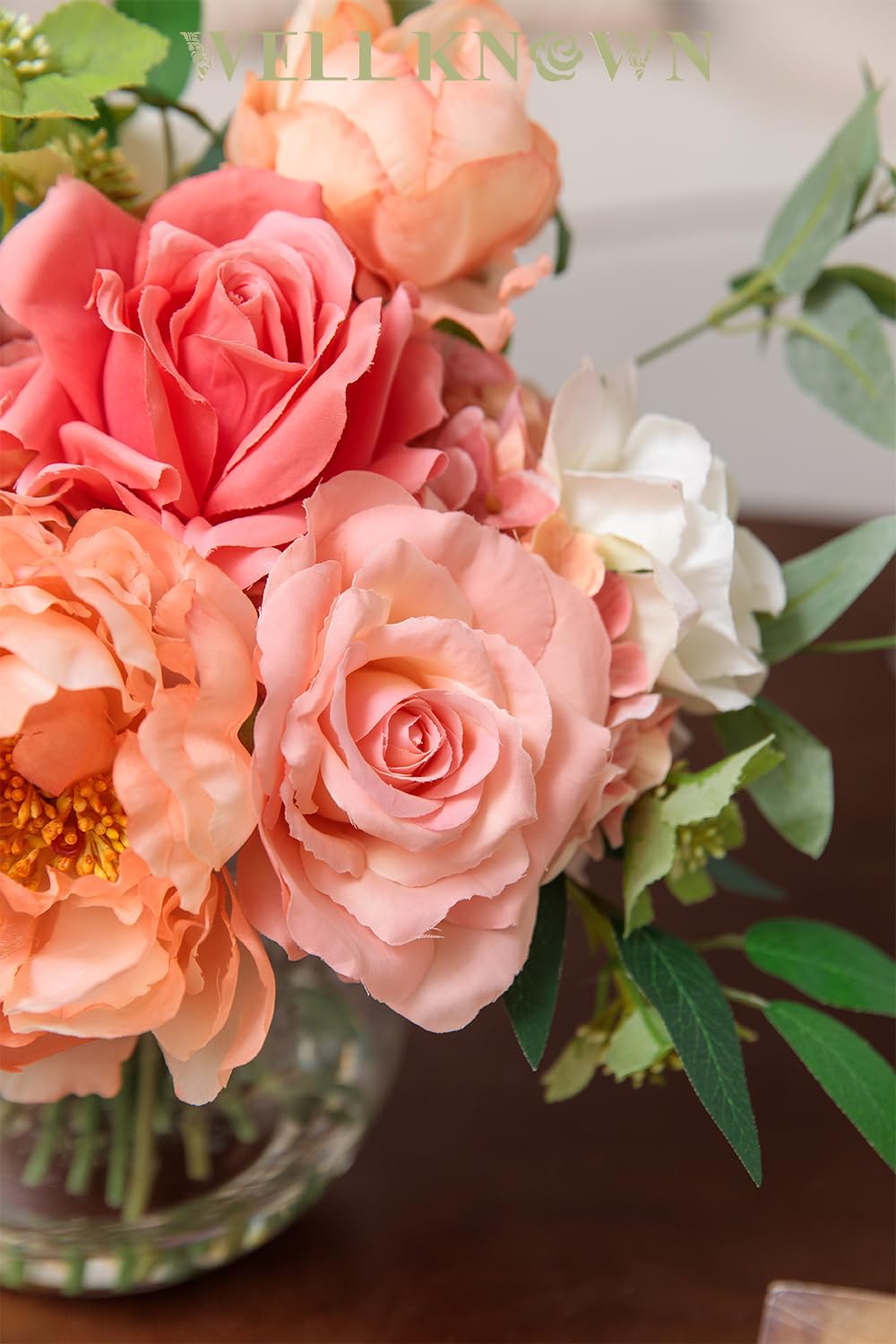 Artificial Flowers in Vase with Fake Water, Silk Peony Rose Flower Bouquet with Vase for Home Spring Decor Wedding Birthday Party Dining Table Centerpieces & Gift (Coral & Peach Plus)