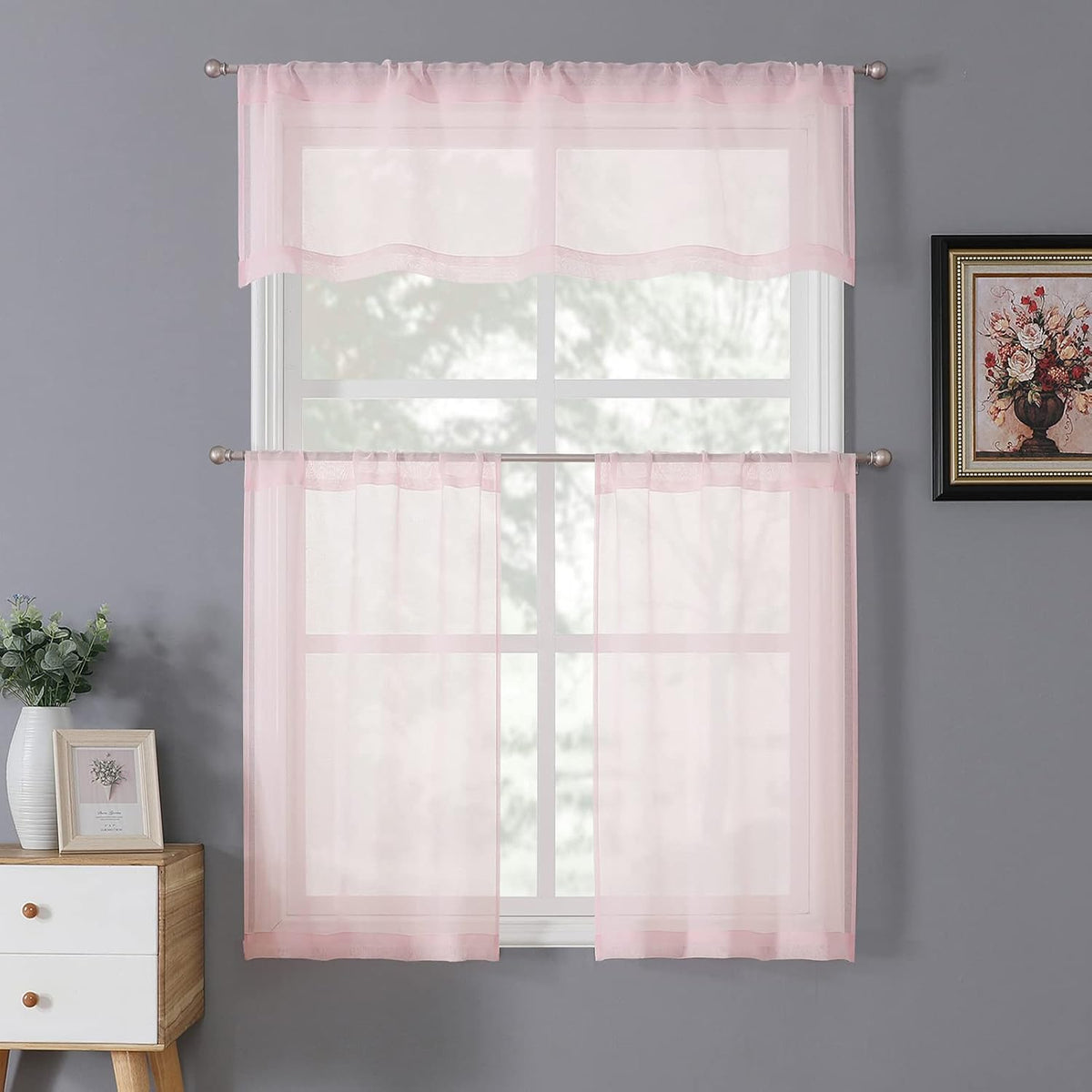 Sheer Valance Linen Textured Bedroom Valance Curtains Sheer Light Filtering Rod Pocket Voile Curtain Valances for Living Room, 54 x 16 inches Long, Pink, Set of 1 Panel