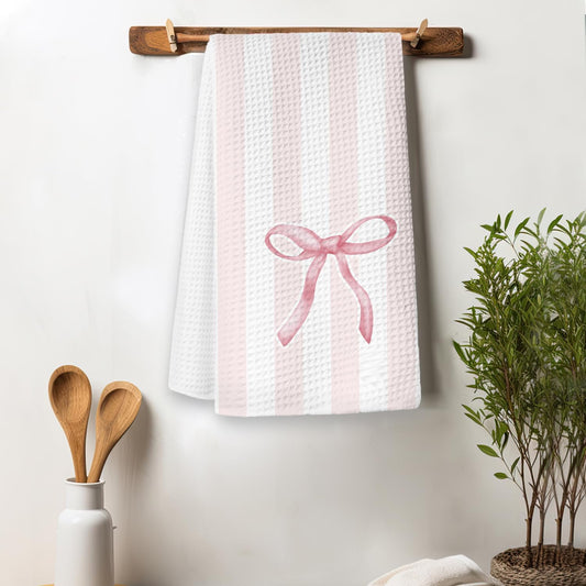 Coquette Bow Pink Striped Kitchen Towels, Preppy Aesthetic Pink Dish Tea Towels for Kitchen Decor, Preppy Bow Hand Towels for Bathroom, Coquette Girly Bathroom Decor, 16x24 Inch
