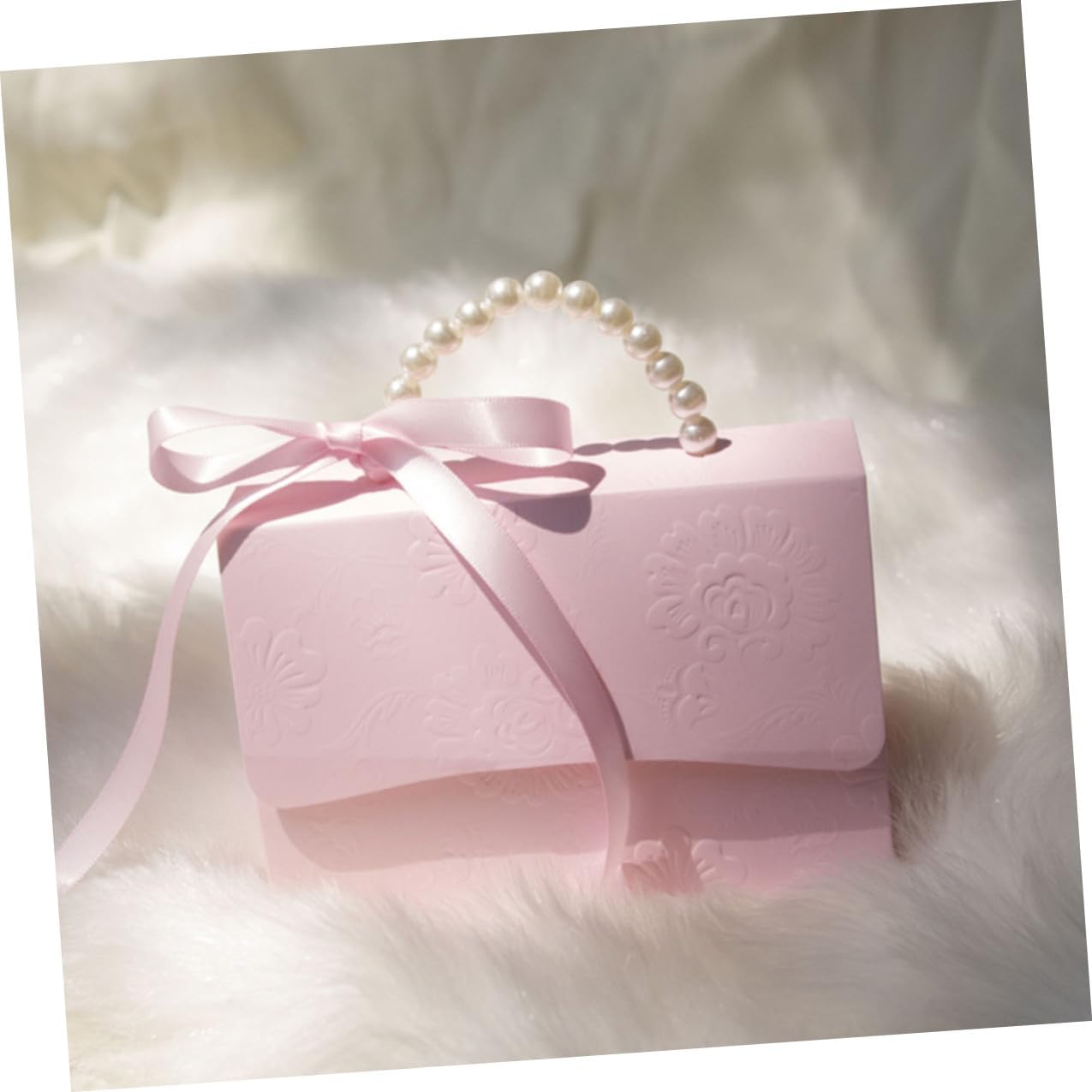 SOESFOUFU Wrapping Boxes Set 2Pcs Small Pink Embossed Flower Pattern Paper Boxes with Pearl Chain for Wedding Party Candy Present Storage and Decorative Use