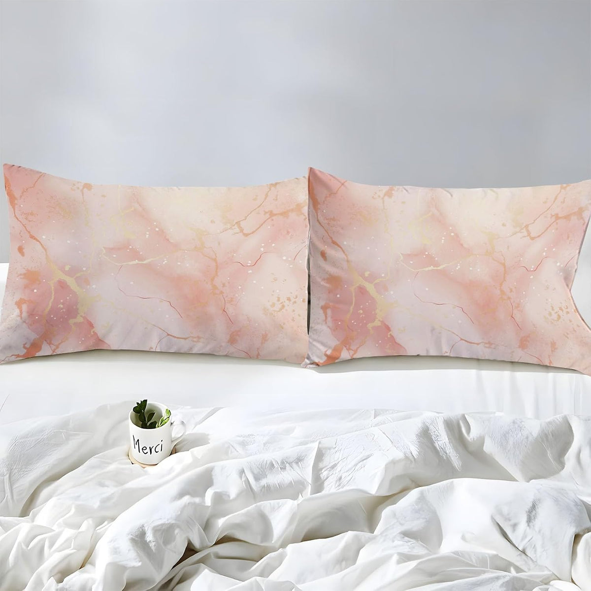 Fitted Sheet Super Soft Microfiber Bed Sheet Twin Size 3PC, Simple Rose Marble Bedding Sheet Set, 16 Inches Deep Fitted Sheet Sets for Kids Boys Girls Women Bedroom Decor Pink Peach