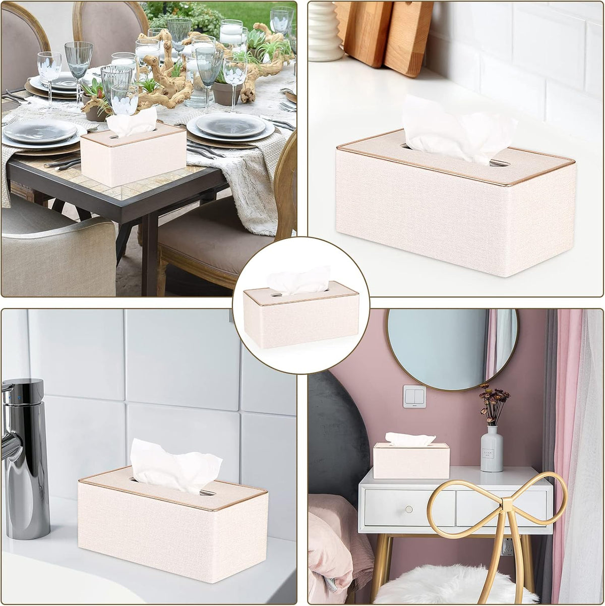 Rectangular Linen Tissue Box Cover - Stylish Tissue Box Holder with Magnetic Bottom, Decorative Tissue Box for Bathroom Toilet Vanity Night Stand Table Countertop Office, Beige Linen Texture