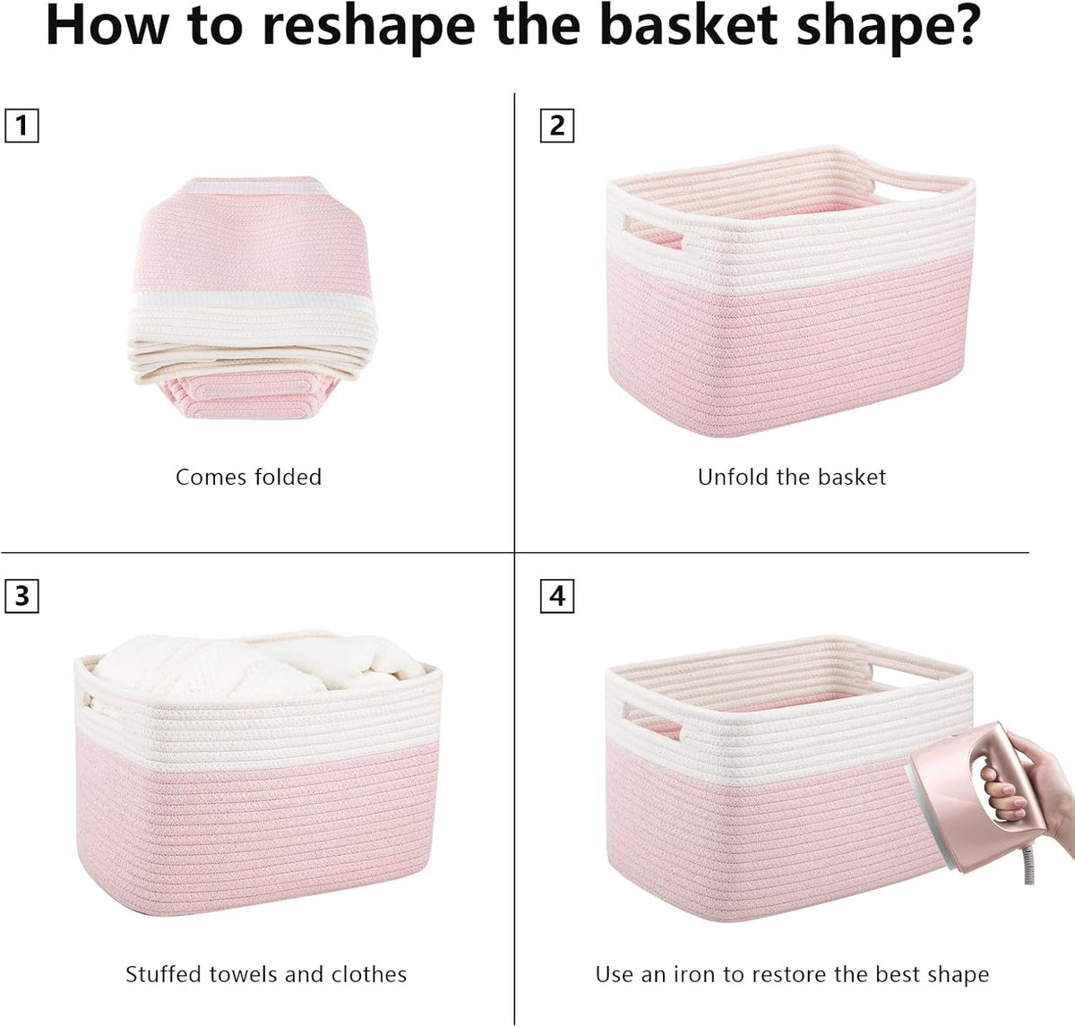 OIAHOMY 4 Pack Storage Basket, 13"x9"x7.8" Cotton Rope Baskets for Shelves, Closet Organizer for Bedroom & Living Room, Soft Decorative Bins for Organizing Towels, Books & Toys, Pink & White