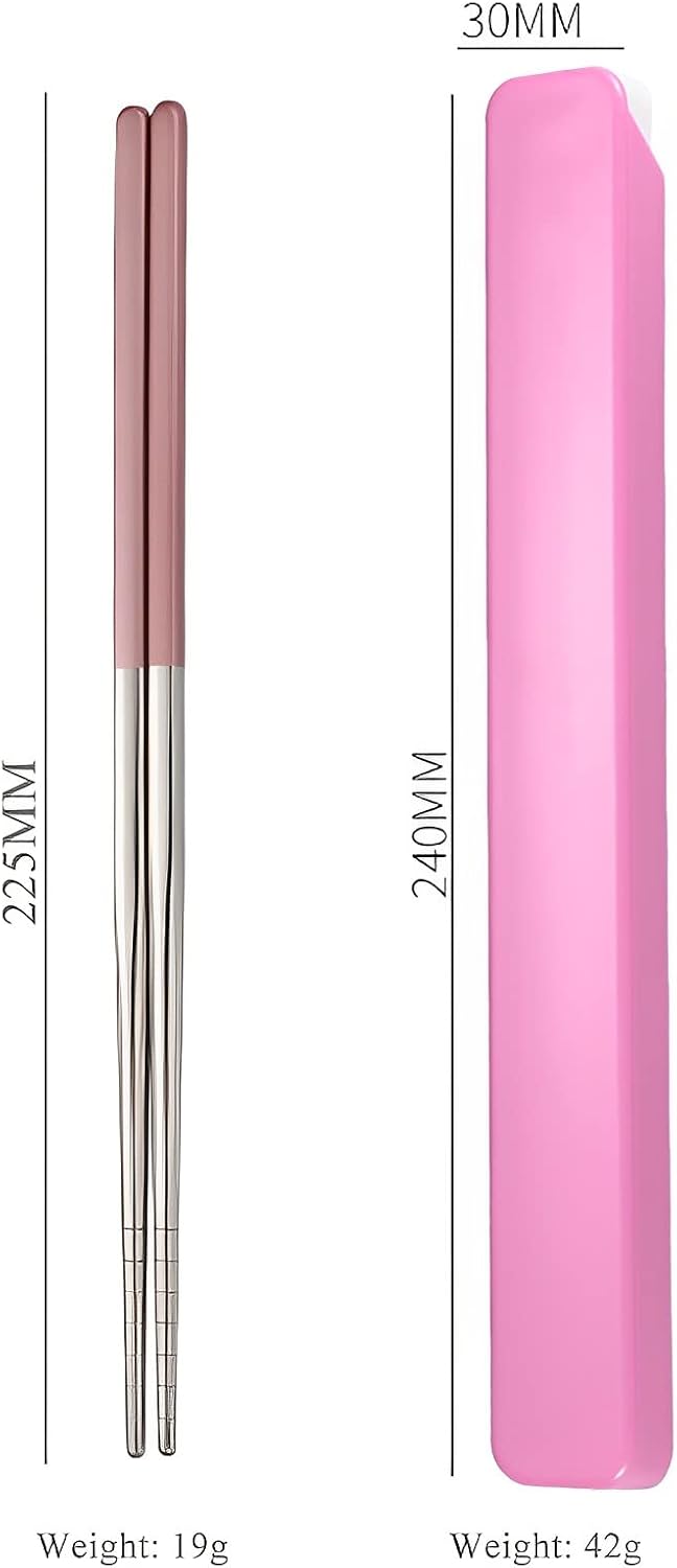Pink Chopsticks Reusable Portable SUS304 Stainless Steel, White Pink,9‘’
