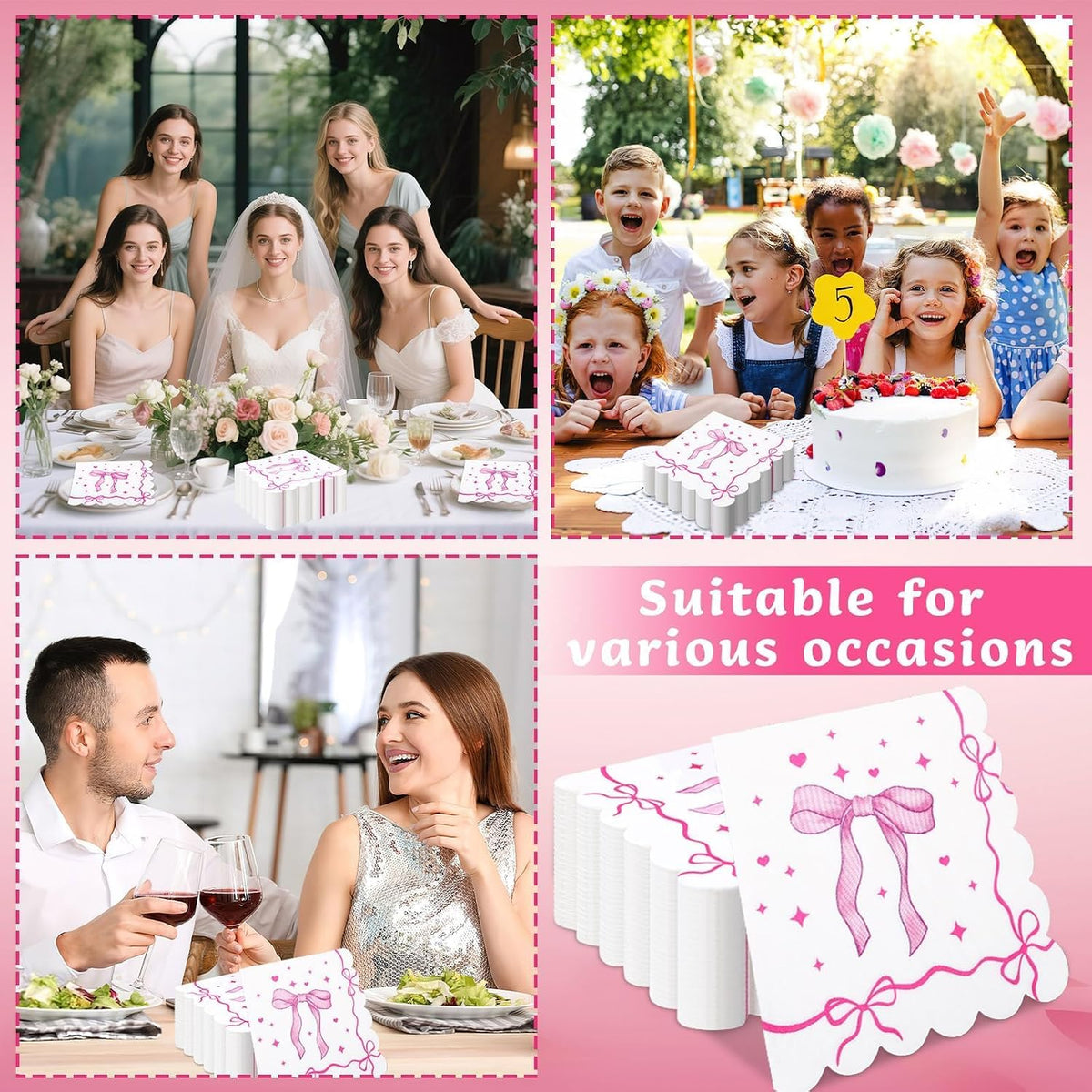 100 Pcs Pink Bow Napkins Coquette Bowknot Paper Party Supplies