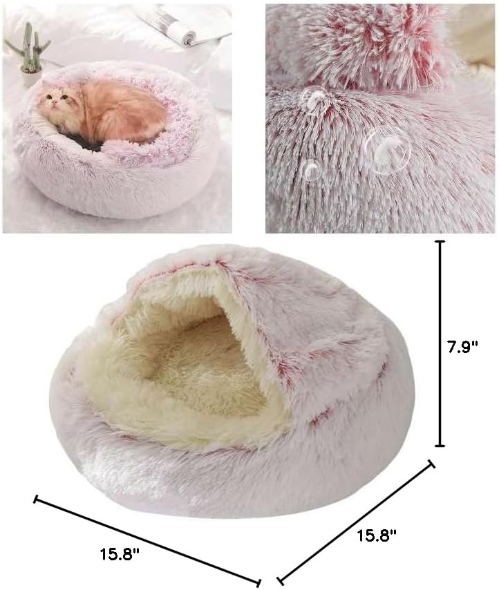 Round Fluffy Hooded Cat Bed Cave, Anti-Anxiety Cave Bed with Blanket