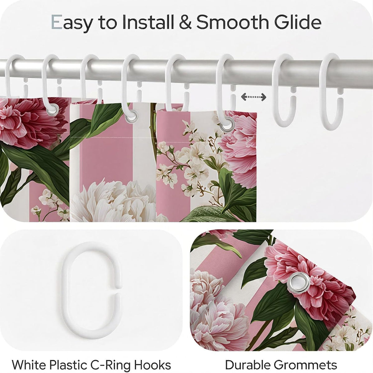 Pink Floral Shower Curtain, Pink and White Striped Peony, 72x72 Inch