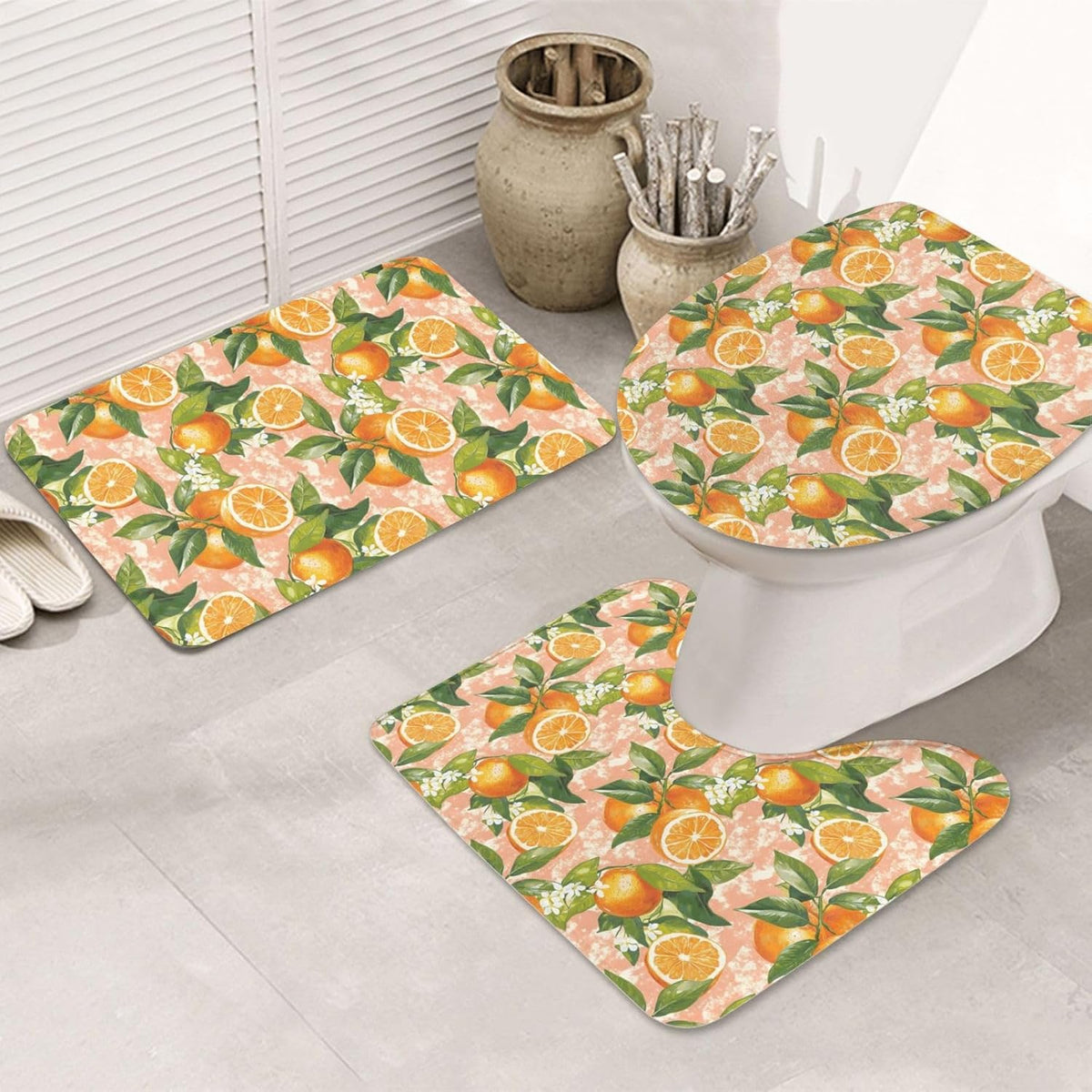 Bathroom Rugs Sets 3 Piece - Orange Light Pink Print Absorbent Non Slip Washable Bath Mats, U-Shape Toilet Lid Cover, Contour Mat, Soft Shower Mats Bath Rug Mat for Bathroom Tub Toilet