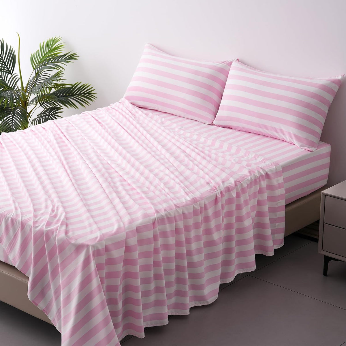 Queen Size Sheet Set 4 Piece -Pinstripe Microfiber Soft Durable Bedding Sheet Set,Deep Pocket,Stain,Fade & Wrinkle Resistant (Stripe Pink&White)