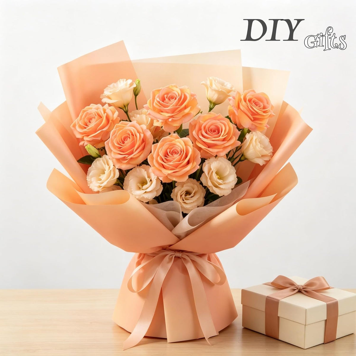 Real Touch Artificial Roses, 5Pcs Peach Orange Faux Silk Flowers